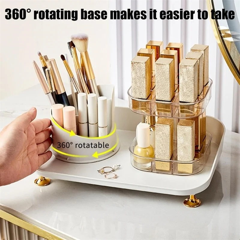 Rotating Makeup Organizer Desktop Cosmetic Storage Box with Lid + Lipstick Storage Rack