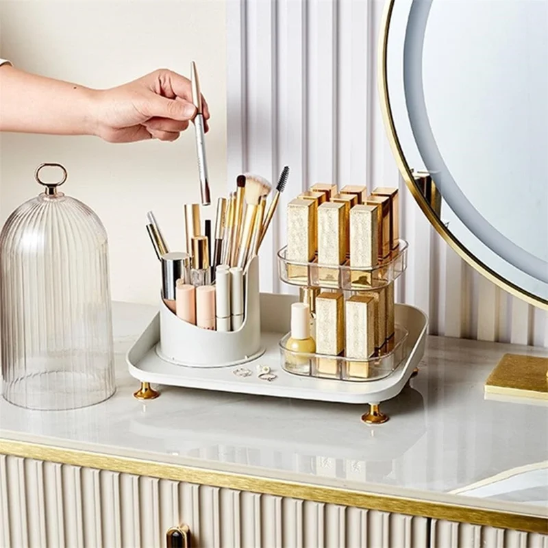Rotating Makeup Organizer Desktop Cosmetic Storage Box with Lid + Lipstick Storage Rack