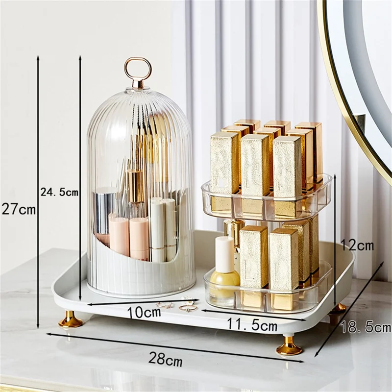 Rotating Makeup Organizer Desktop Cosmetic Storage Box with Lid + Lipstick Storage Rack
