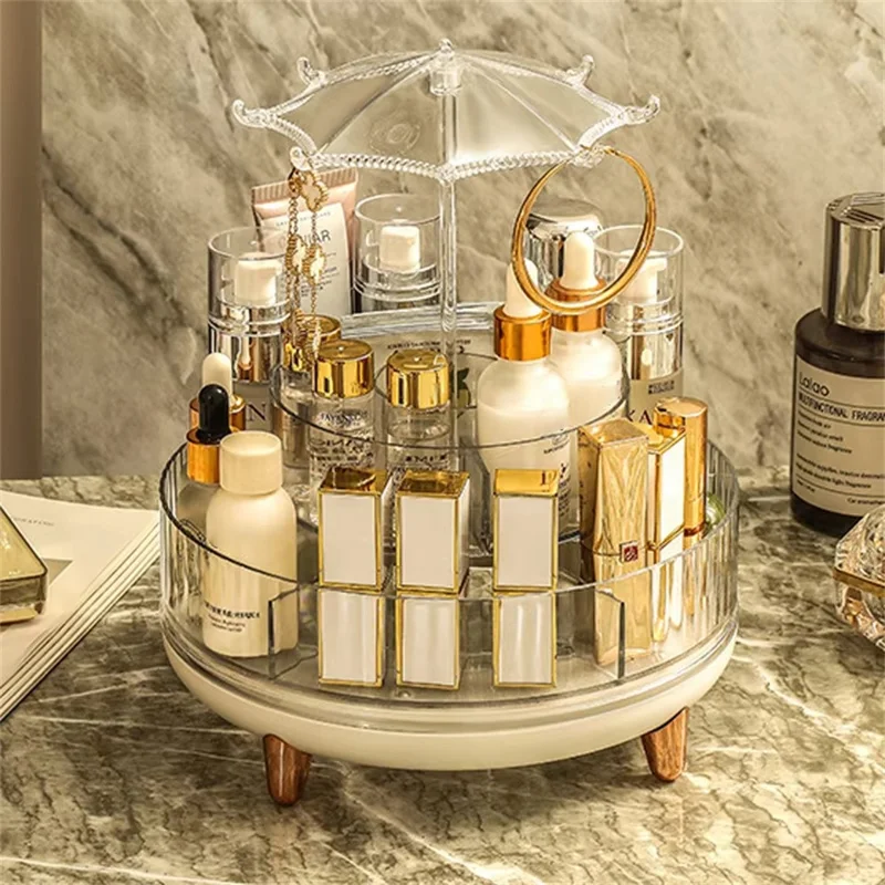 Rotating Makeup Organizer Skincare Product Cosmetic Storage Box Transparent Jewelry Hanging Holder with Heighten Feet