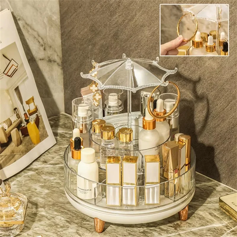 Rotating Makeup Organizer Skincare Product Cosmetic Storage Box Transparent Jewelry Hanging Holder with Heighten Feet