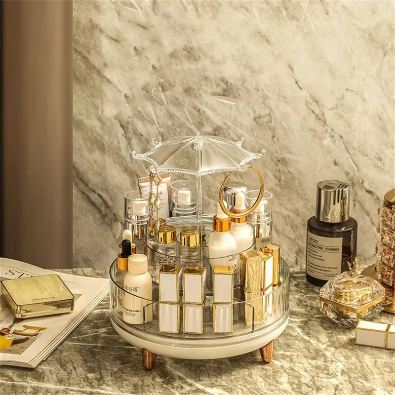 Rotating Makeup Organizer Skincare Product Cosmetic Storage Box Transparent Jewelry Hanging Holder with Heighten Feet