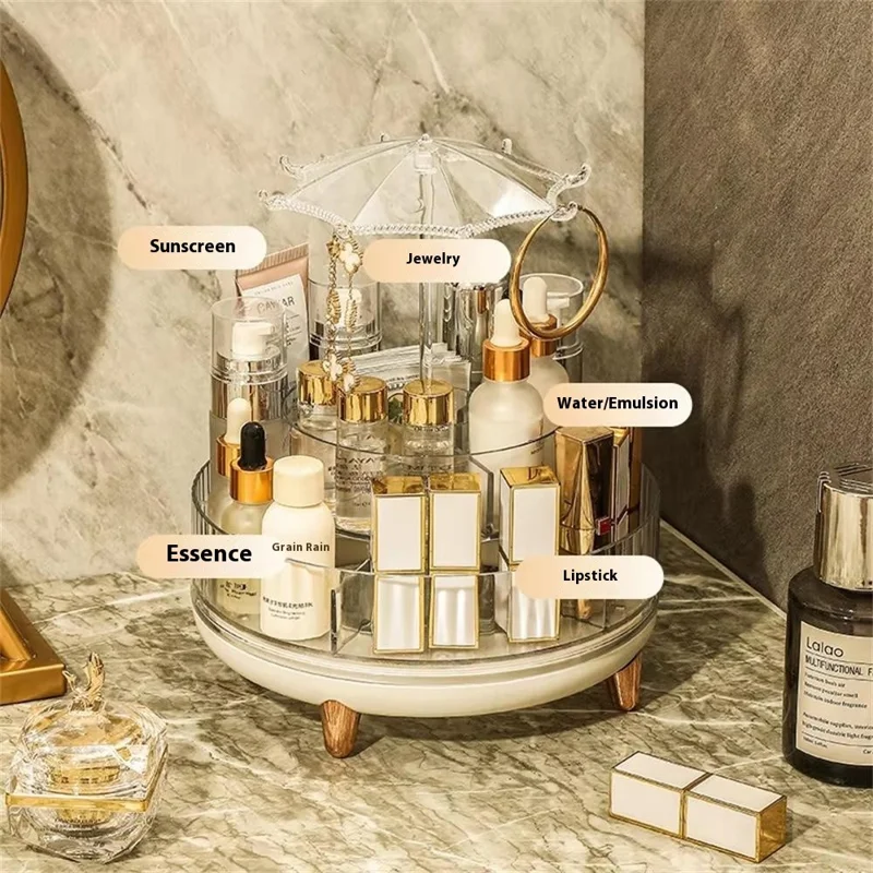 Rotating Makeup Organizer Skincare Product Cosmetic Storage Box Transparent Jewelry Hanging Holder with Heighten Feet