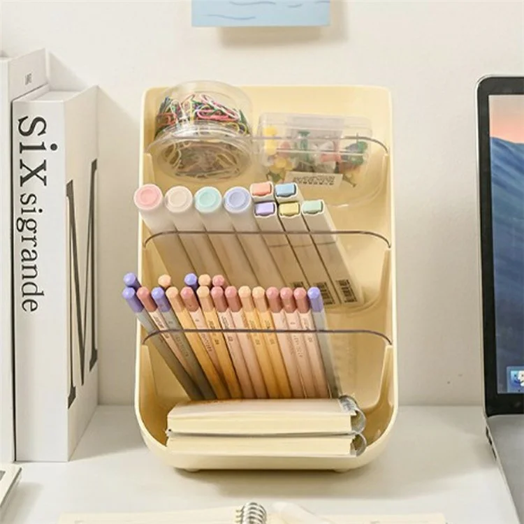 Organizador Cosmético Inclinado com Compartimentos Multi-Níveis, Caixa de Armazenamento de Maquiagem de Plástico para Área de Trabalho - Bege