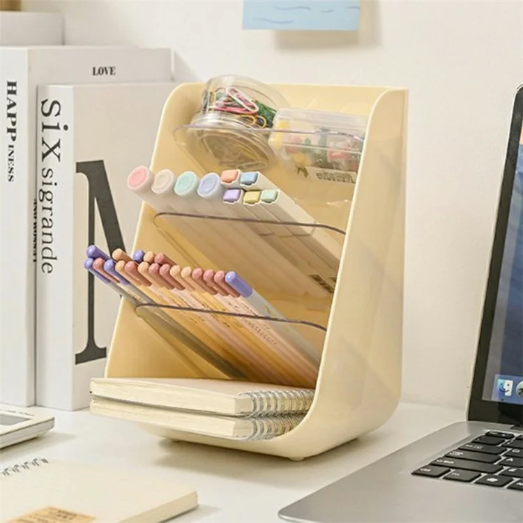 Organizador Cosmético Inclinado com Compartimentos Multi-Níveis, Caixa de Armazenamento de Maquiagem de Plástico para Área de Trabalho - Bege