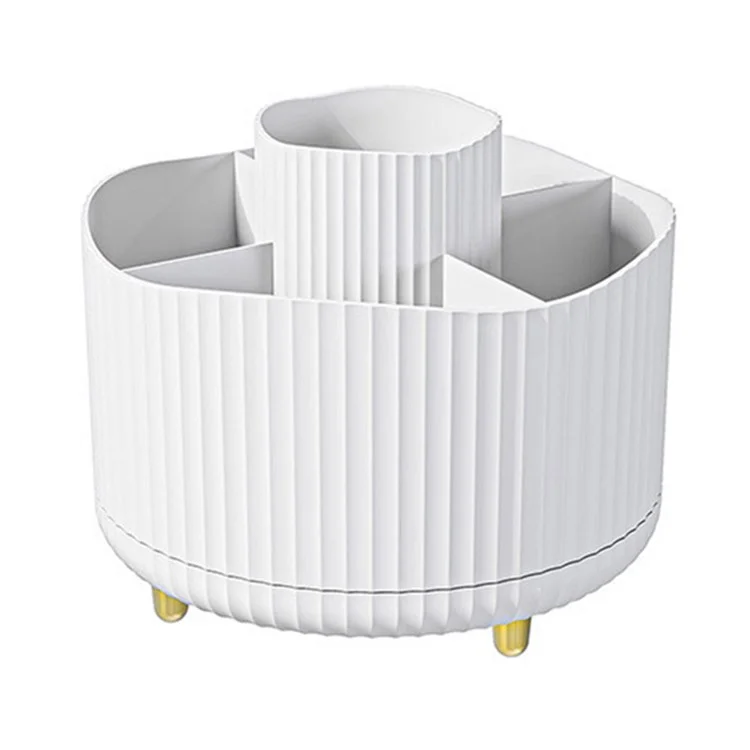 Vertical Stripes Design Rotating Makeup Brush Holder ABS Desktop Organizer Cosmetic Storage Container - White