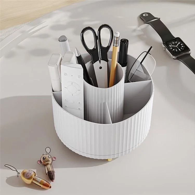Vertical Stripes Design Rotating Makeup Brush Holder ABS Desktop Organizer Cosmetic Storage Container - White