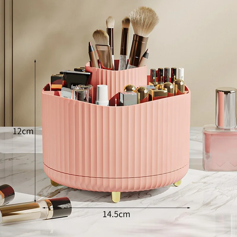 Vertical Stripes Design Rotating Makeup Brush Holder ABS Desktop Organizer Cosmetic Storage Container - Pink