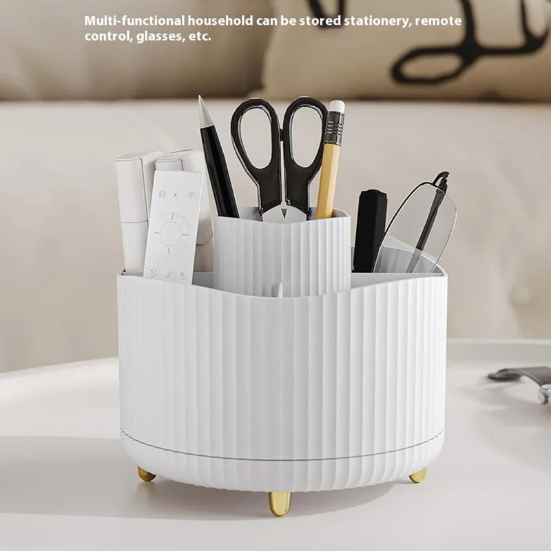 Vertical Stripes Design Rotating Makeup Brush Holder ABS Desktop Organizer Cosmetic Storage Container - Pink