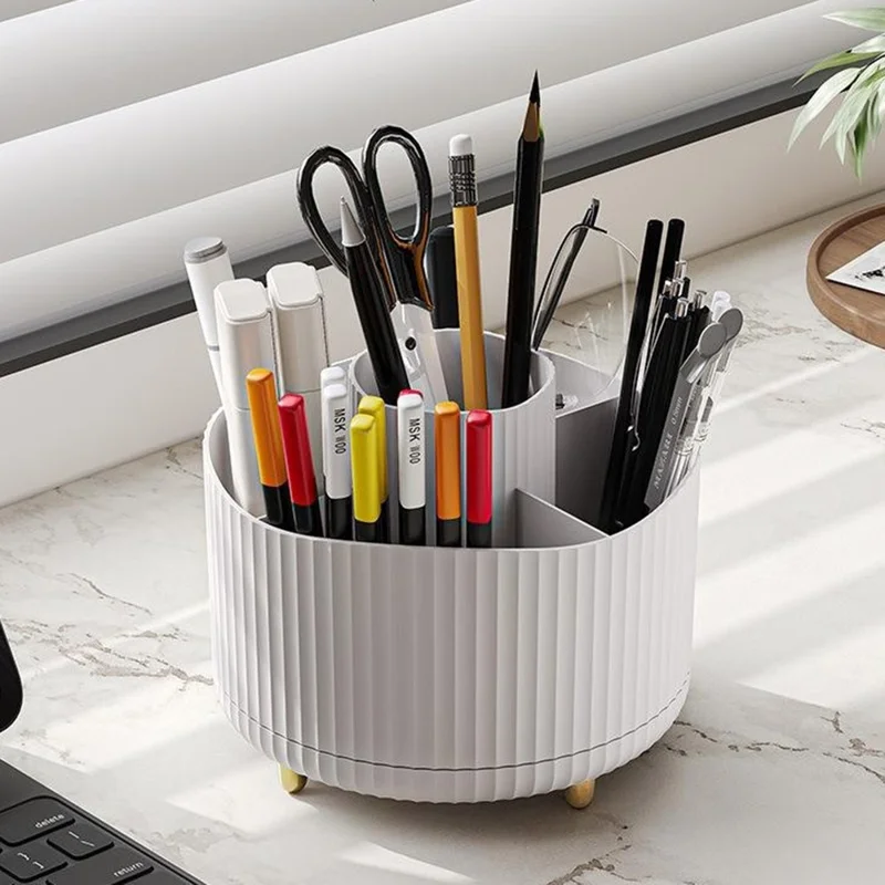 Vertical Stripes Design Rotating Makeup Brush Holder ABS Desktop Organizer Cosmetic Storage Container - Pink