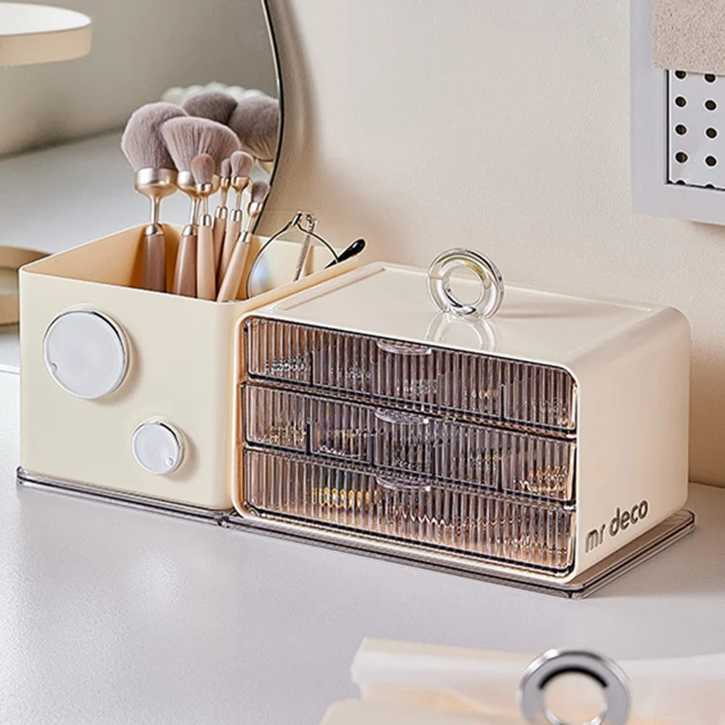 Desktop Drawer Jewelry Box Large Capacity Multi-Layer Organizer Makeup Storage Container Brush Holder - White