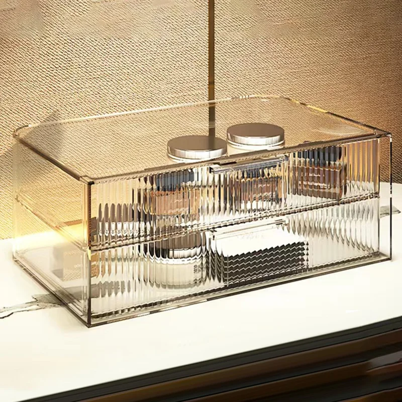 Luxury 2-Tier Drawer Makeup Organizer Dustproof Vanity Cosmetic PET Storage Box - Transparent