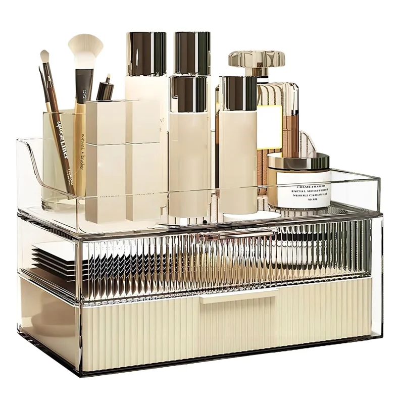 Luxury Cosmetic Organizer Clear Dustproof Double Layer Drawer PET Storage Box with Top Tray - Beige
