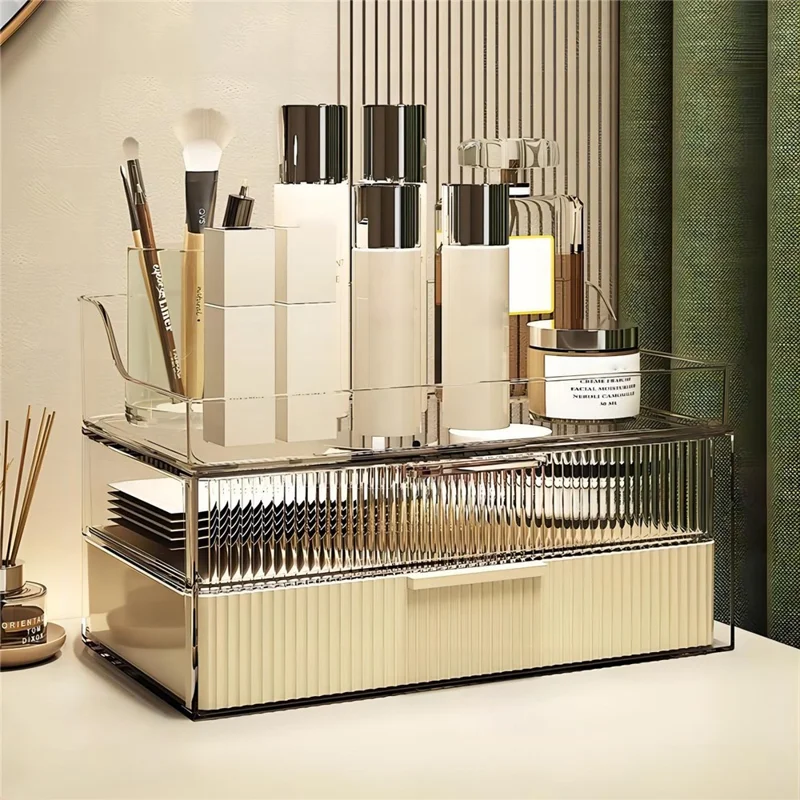 Luxury Cosmetic Organizer Clear Dustproof Double Layer Drawer PET Storage Box with Top Tray - Beige