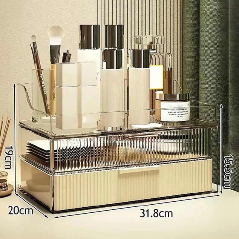 Luxury Cosmetic Organizer Clear Dustproof Double Layer Drawer PET Storage Box with Top Tray - Beige