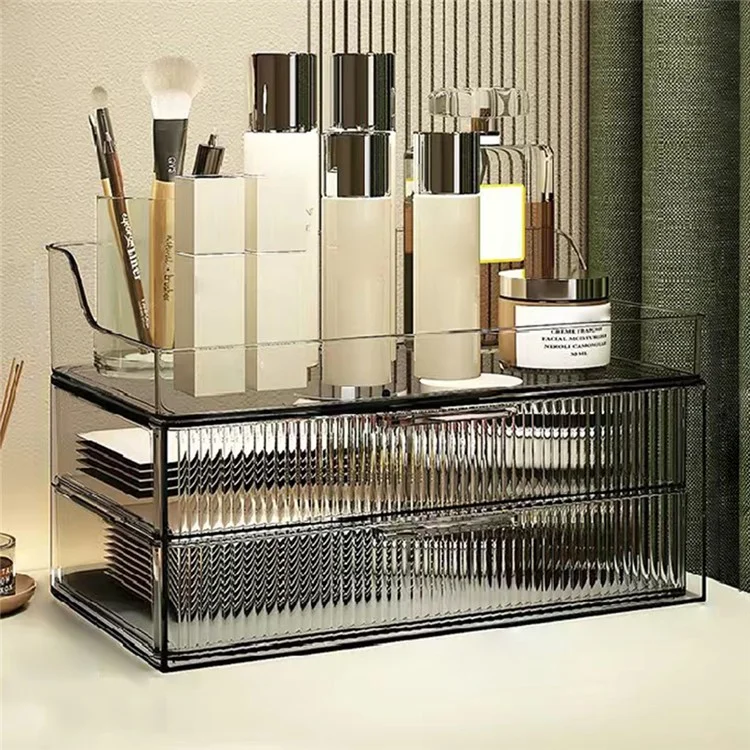 Luxury Cosmetic Organizer Clear Dustproof Double Layer Drawer PET Storage Box with Top Tray - Transparent Grey