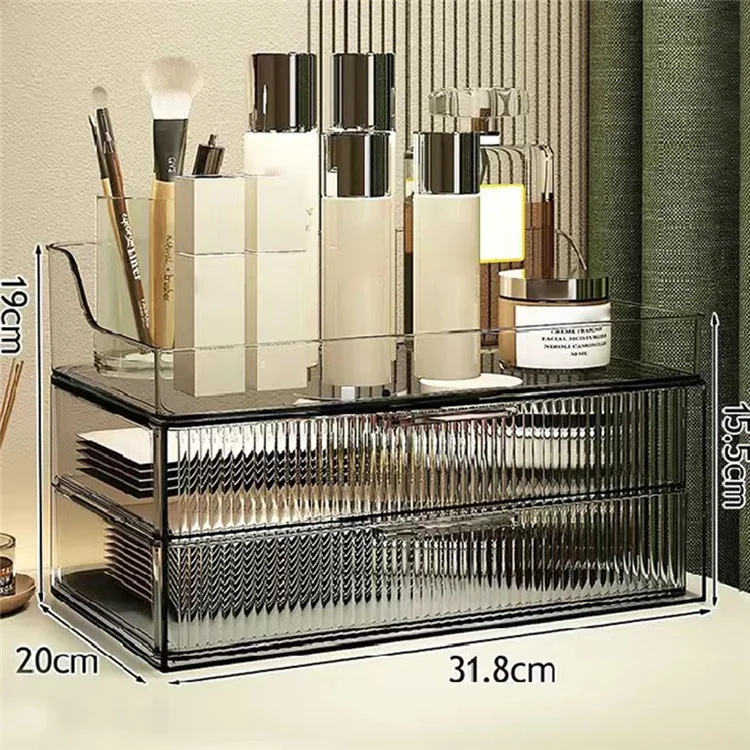 Luxury Cosmetic Organizer Clear Dustproof Double Layer Drawer PET Storage Box with Top Tray - Transparent Grey