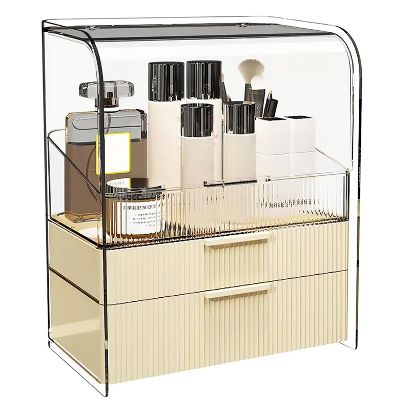 Size S Luxury Clear Makeup Organizer 3 Tier Dustproof Cosmetic PET Storage Box with Flip Cover - Beige
