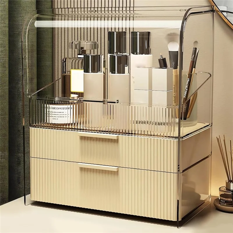 Size S Luxury Clear Makeup Organizer 3 Tier Dustproof Cosmetic PET Storage Box with Flip Cover - Beige