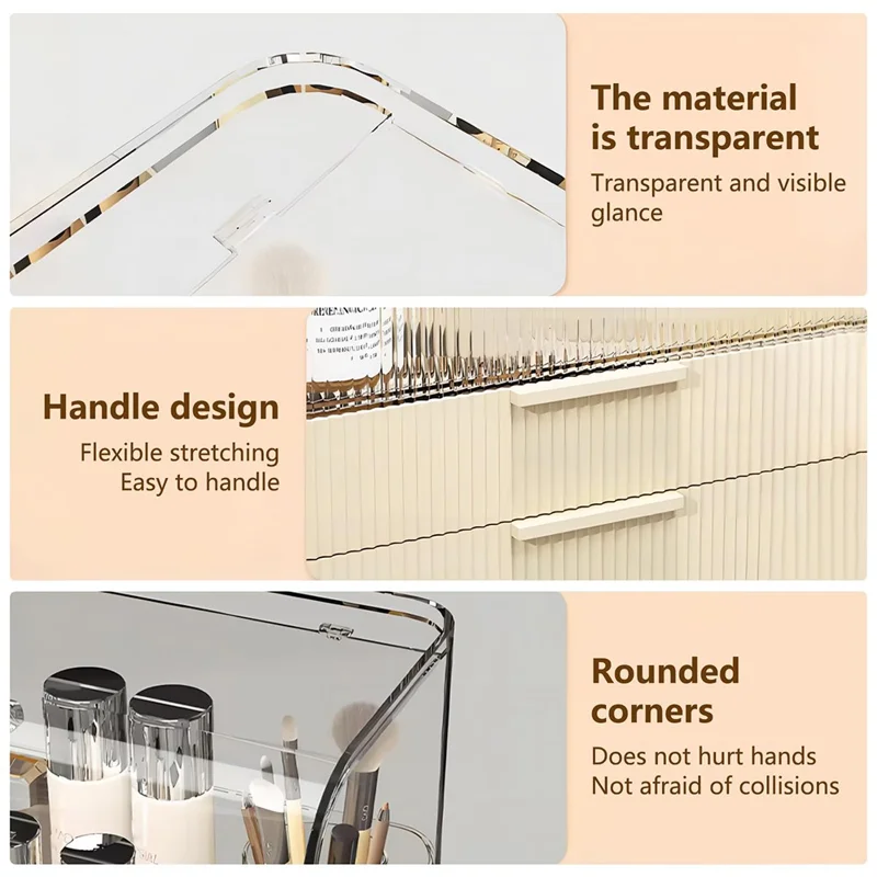 Size S Luxury Clear Makeup Organizer 3 Tier Dustproof Cosmetic PET Storage Box with Flip Cover - Beige