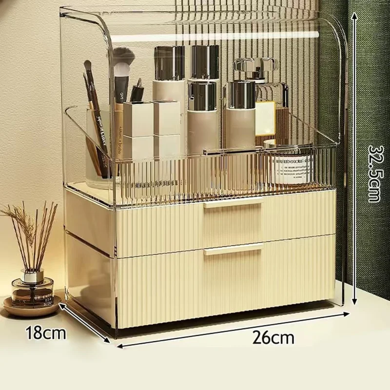 Size S Luxury Clear Makeup Organizer 3 Tier Dustproof Cosmetic PET Storage Box with Flip Cover - Beige