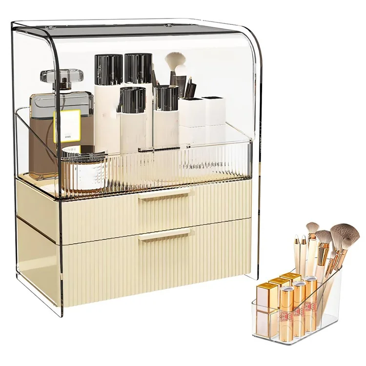 Größe L Flip Cover Luxus Transparent Make-up Organizer 3-stöckig Staubdichte Kosmetik PET Aufbewahrungsbox + Lippenstifthalter - Beige