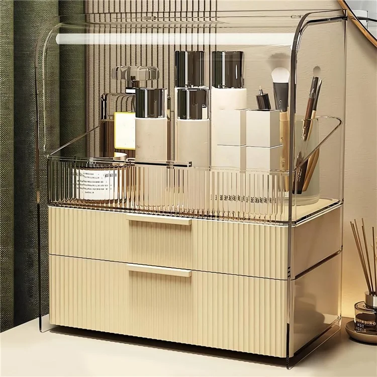 Größe L Flip Cover Luxus Transparent Make-up Organizer 3-stöckig Staubdichte Kosmetik PET Aufbewahrungsbox + Lippenstifthalter - Beige