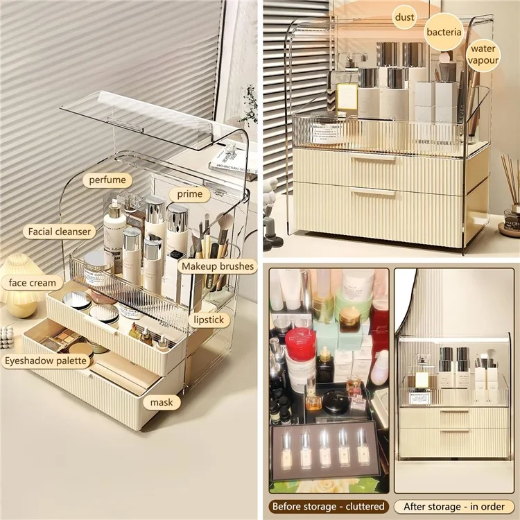Größe L Flip Cover Luxus Transparent Make-up Organizer 3-stöckig Staubdichte Kosmetik PET Aufbewahrungsbox + Lippenstifthalter - Beige