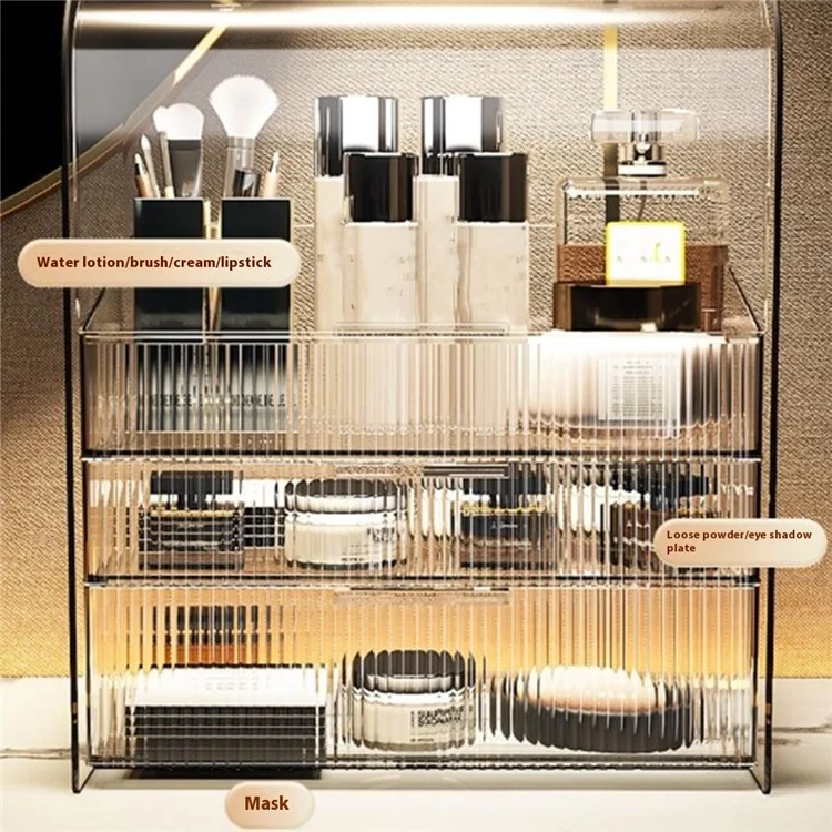 Größe L Flip Cover Luxus Transparent Make-up Organizer 3-stöckig Staubdichte Kosmetik PET Aufbewahrungsbox + Lippenstifthalter - Beige