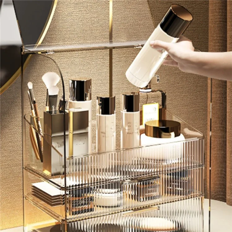 Größe L Flip Cover Luxus Transparent Make-up Organizer 3-stöckig Staubdichte Kosmetik PET Aufbewahrungsbox + Lippenstifthalter - Beige