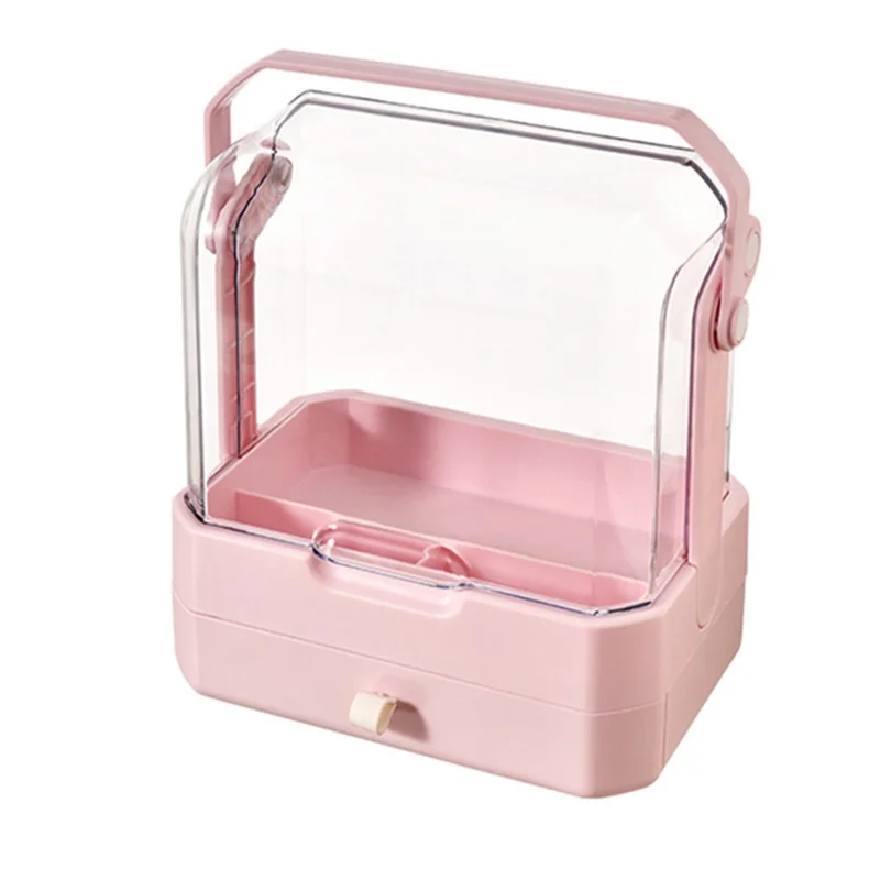 Cosmetic Organizer Dustproof Desktop Makeup Skincare Products Storage Box with Handle and 1 Drawer - Pink