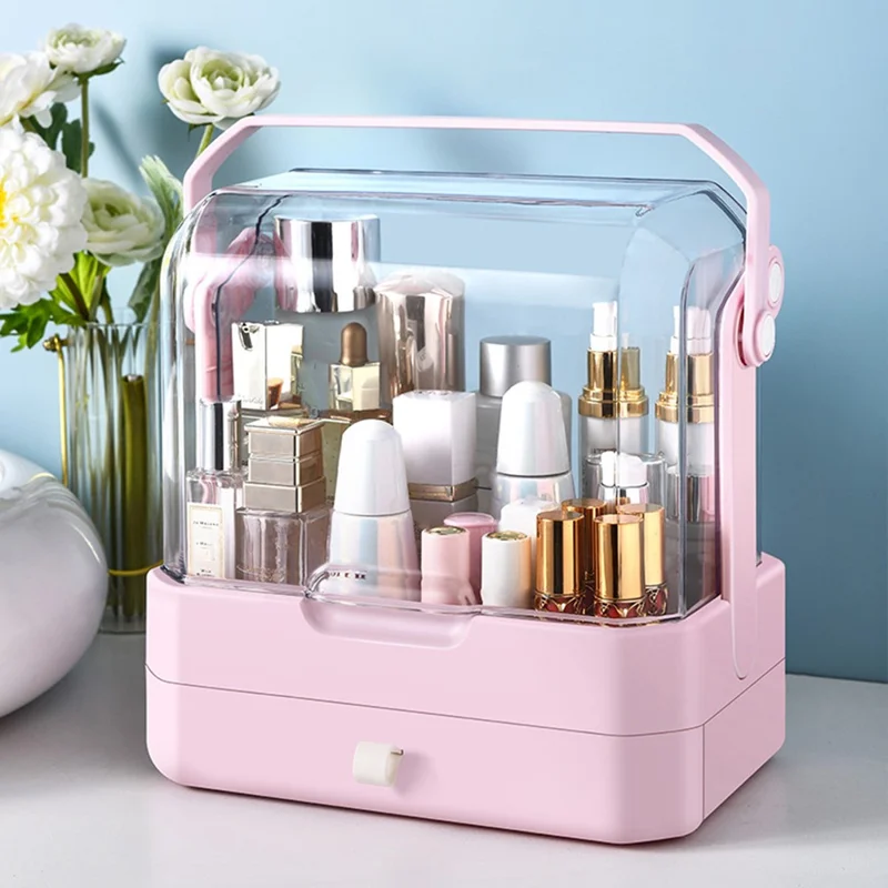 Cosmetic Organizer Dustproof Desktop Makeup Skincare Products Storage Box with Handle and 1 Drawer - Pink