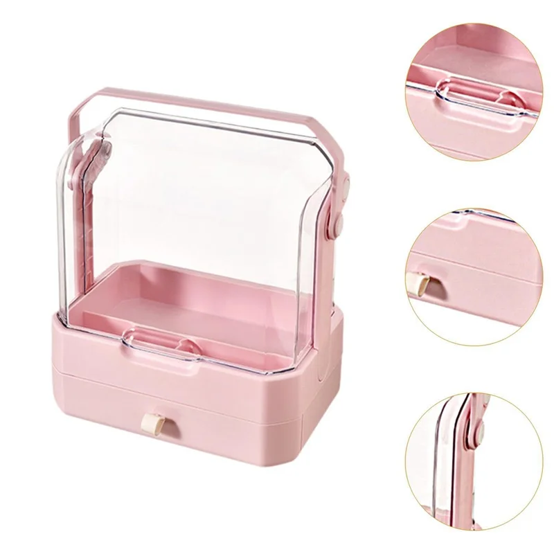 Cosmetic Organizer Dustproof Desktop Makeup Skincare Products Storage Box with Handle and 1 Drawer - Pink