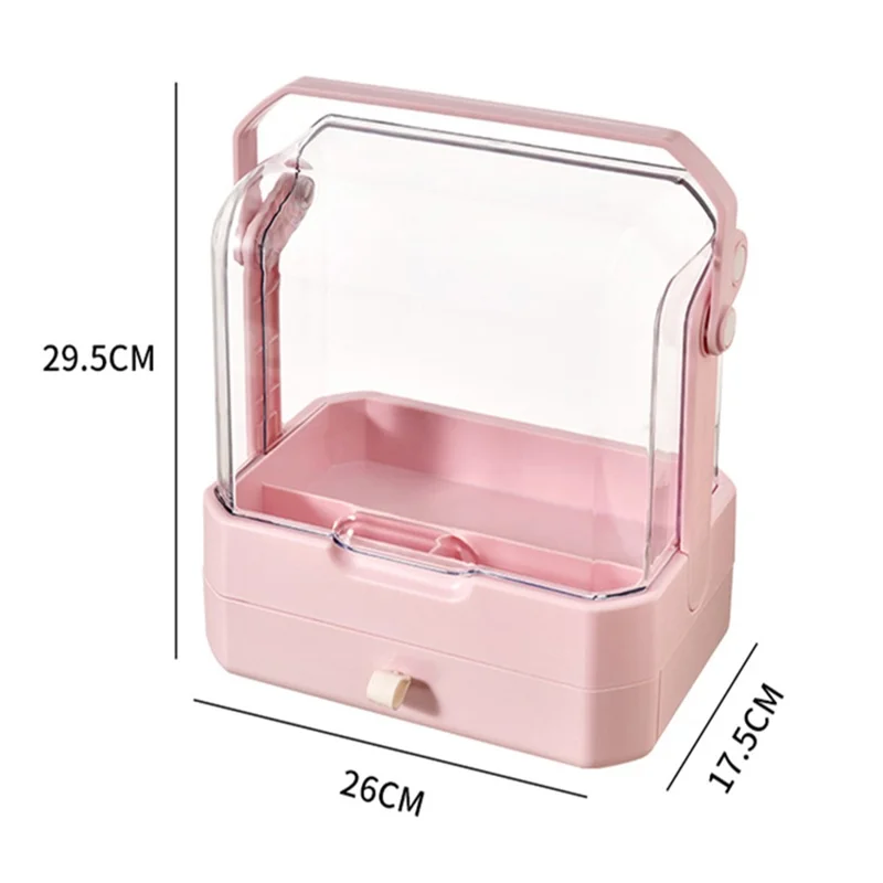 Cosmetic Organizer Dustproof Desktop Makeup Skincare Products Storage Box with Handle and 1 Drawer - Pink