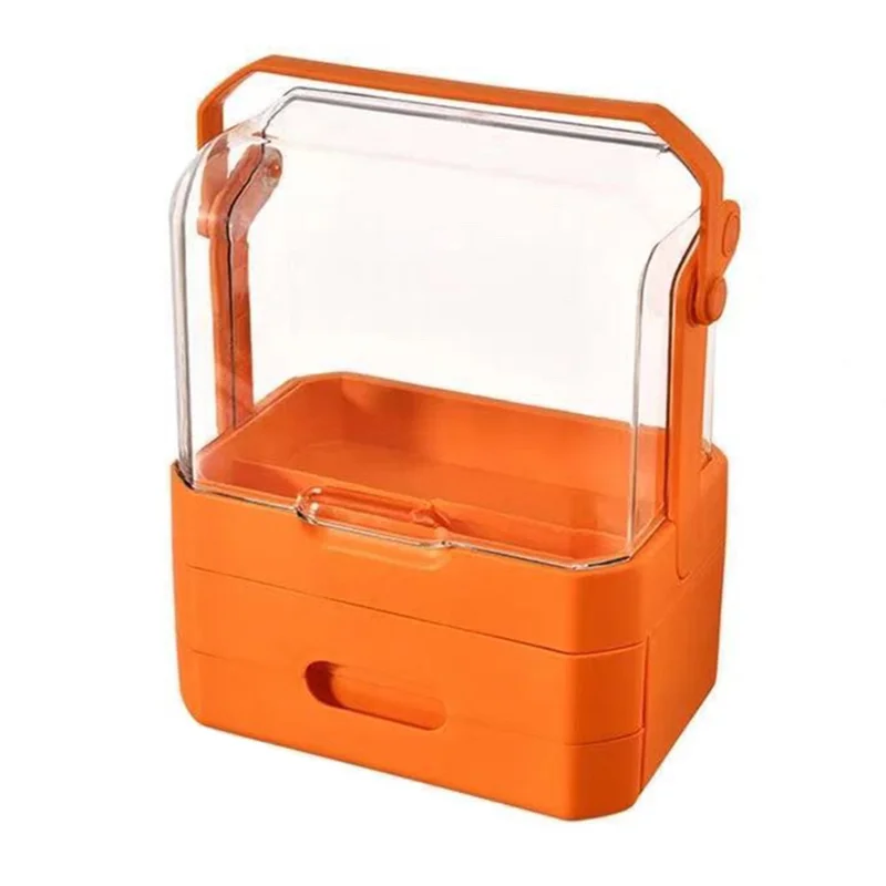 Cosmetic Organizer Dustproof Desktop Makeup Skincare Products Storage Box with Handle and 2 Drawer - Orange