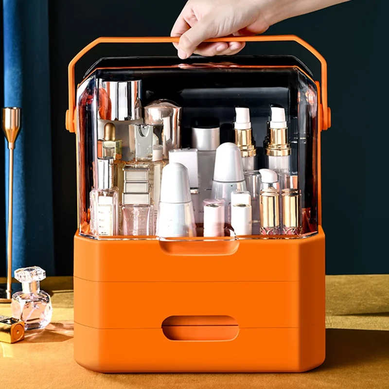 Cosmetic Organizer Dustproof Desktop Makeup Skincare Products Storage Box with Handle and 2 Drawer - Orange