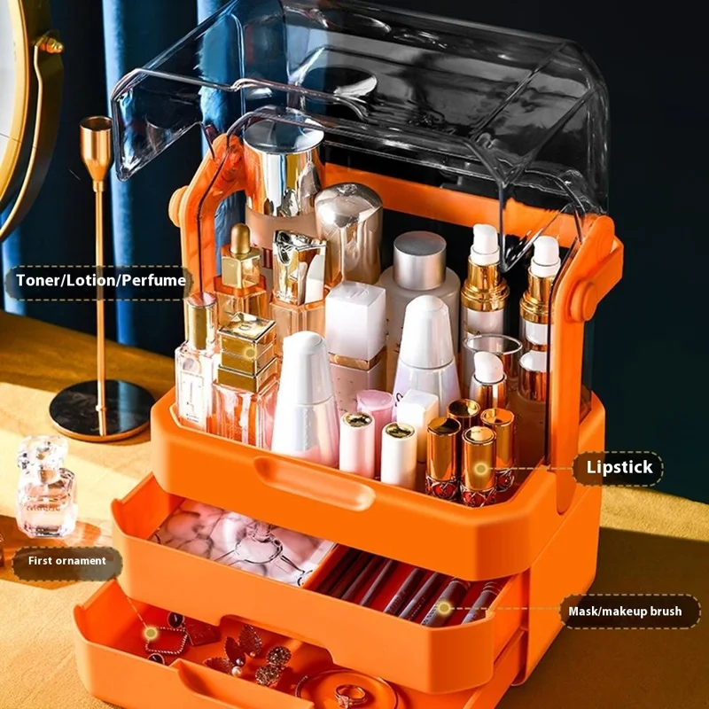 Cosmetic Organizer Dustproof Desktop Makeup Skincare Products Storage Box with Handle and 2 Drawer - Orange