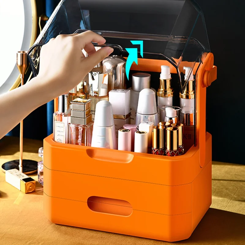 Cosmetic Organizer Dustproof Desktop Makeup Skincare Products Storage Box with Handle and 2 Drawer - Orange