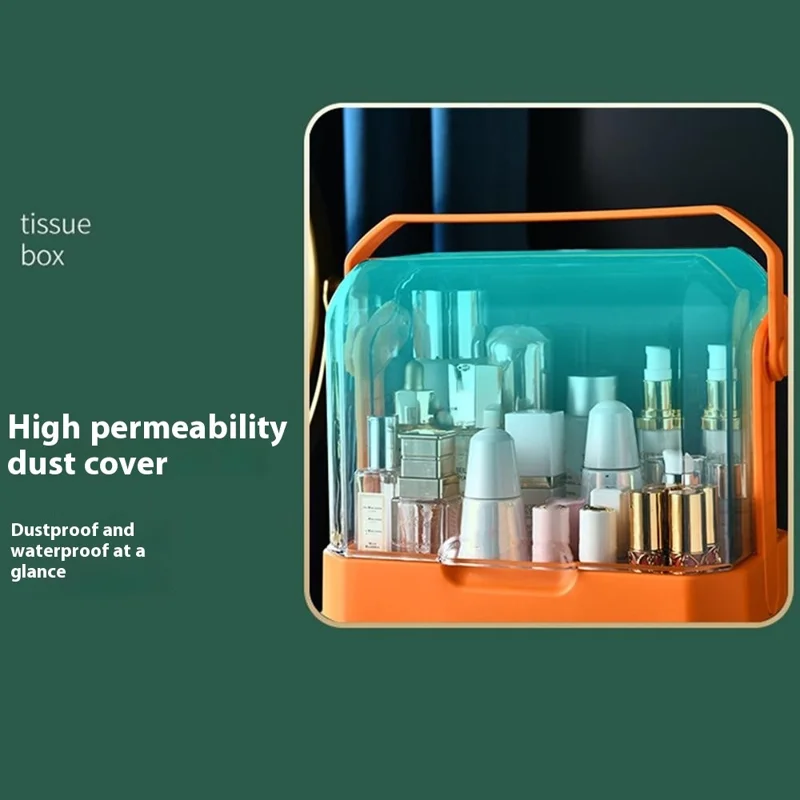 Cosmetic Organizer Dustproof Desktop Makeup Skincare Products Storage Box with Handle and 2 Drawer - Orange