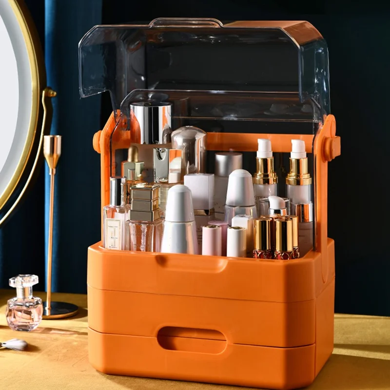 Cosmetic Organizer Dustproof Desktop Makeup Skincare Products Storage Box with Handle and 2 Drawer - Orange