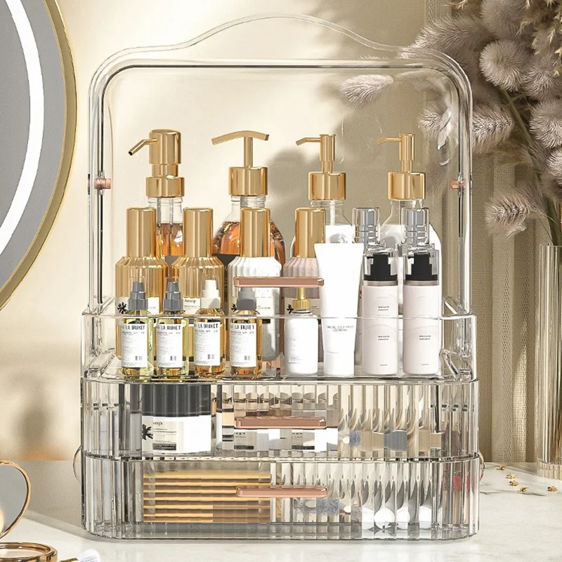 Cosmetic PET Organizer Drawer Style Dustproof Skincare Vanity Desktop Makeup Storage Box - Transparent