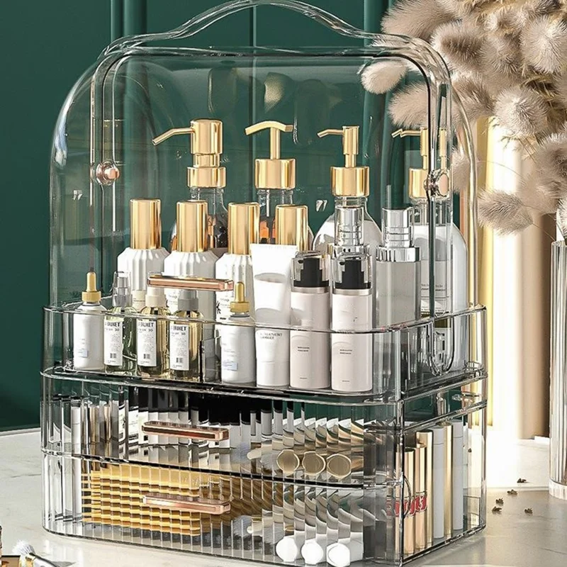 Cosmetic PET Organizer Drawer Style Dustproof Skincare Vanity Desktop Makeup Storage Box - Transparent