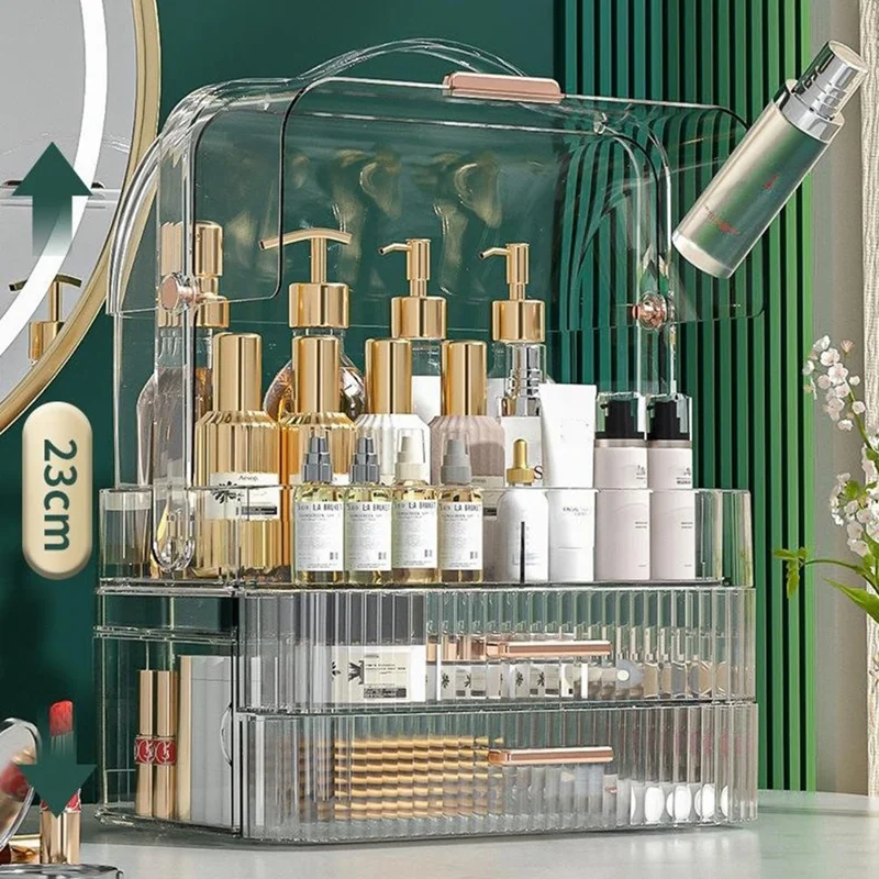 Cosmetic PET Organizer Drawer Style Dustproof Skincare Vanity Desktop Makeup Storage Box - Transparent