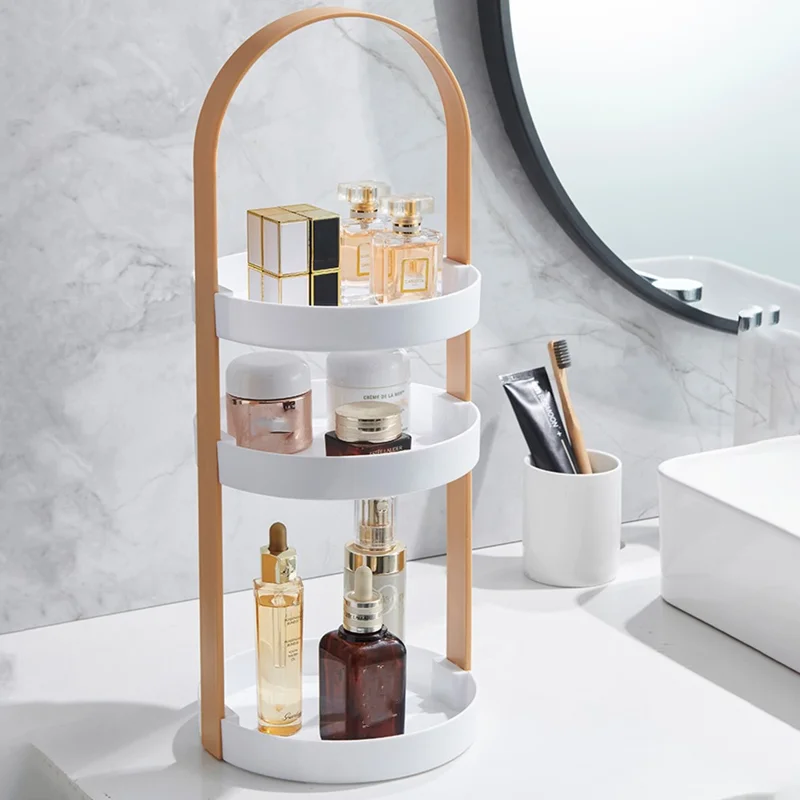 Portable Cosmetic Skincare Organizer Jewelry Storage Rack 3-Layer Round Tray ABS Shelf - Wood Color