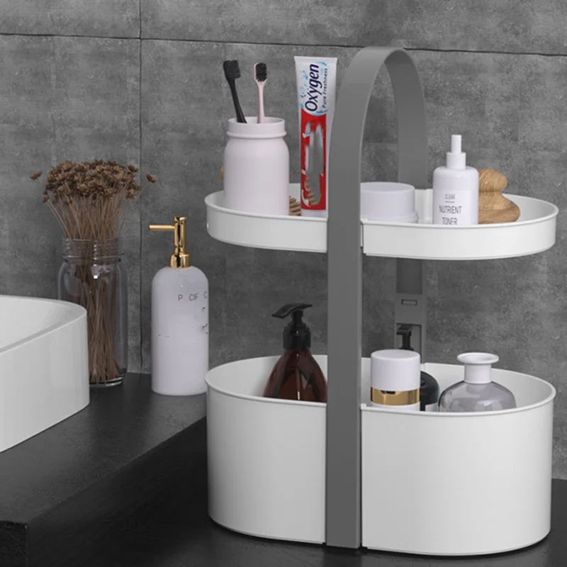 2 Layer Desktop Organizer Portable Basket Multifunctional ABS Storage Rack with Arched Handle