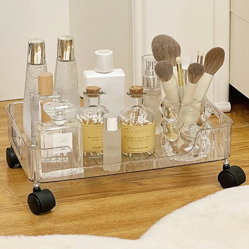 Single Layer Clear PET Storage Cart Bathroom Bedroom Living Room Cosmetic Organizer Rack with Wheels