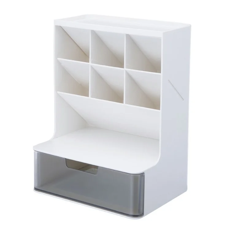 Desktop Organizer Pen Holder Multi-Compartment Storage Box for Office Supplies Stationery - White + Clear Drawers