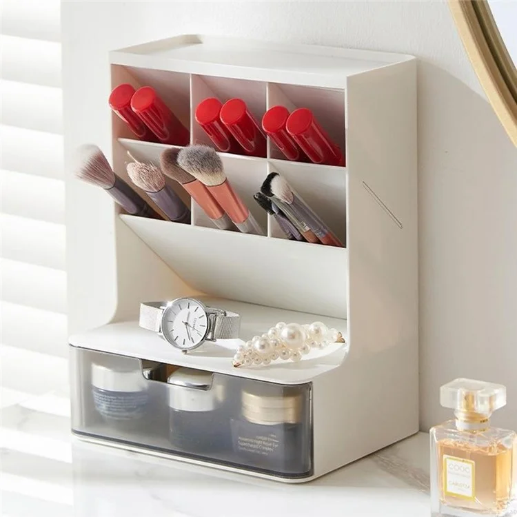 Desktop Organizer Pen Holder Multi-Compartment Storage Box for Office Supplies Stationery - White + Clear Drawers