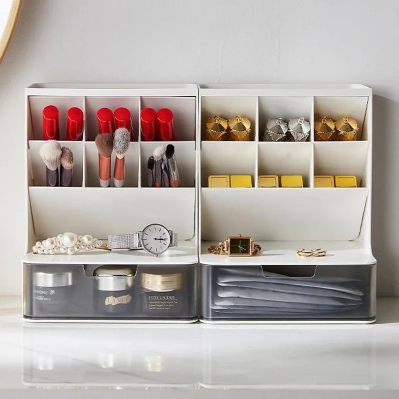 Desktop Organizer Pen Holder Multi-Compartment Storage Box for Office Supplies Stationery - White + Clear Drawers