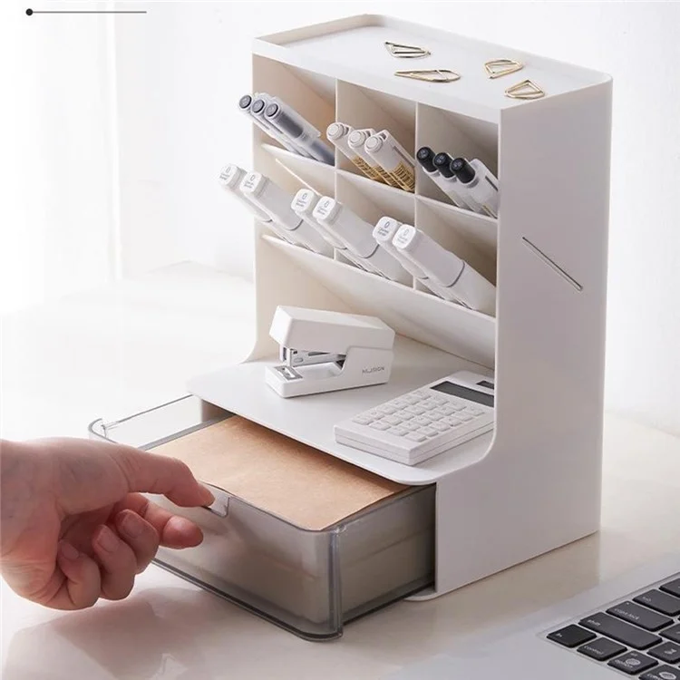 Desktop Organizer Pen Holder Multi-Compartment Storage Box for Office Supplies Stationery - White + Clear Drawers